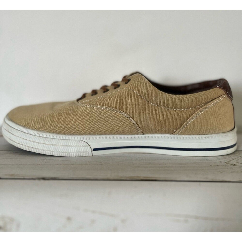 US Polo Assn Tan Canvas Low Cut Lace Up Sneakers Deck Shoes Plaid Lining US 13